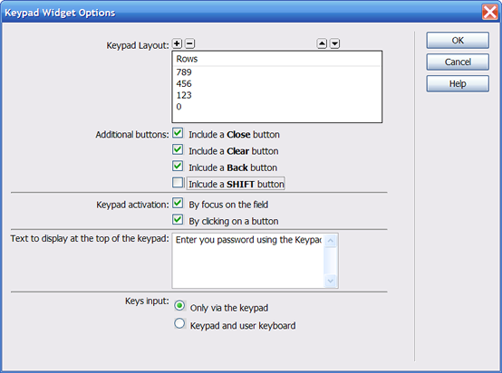 Keypad widget options dialog