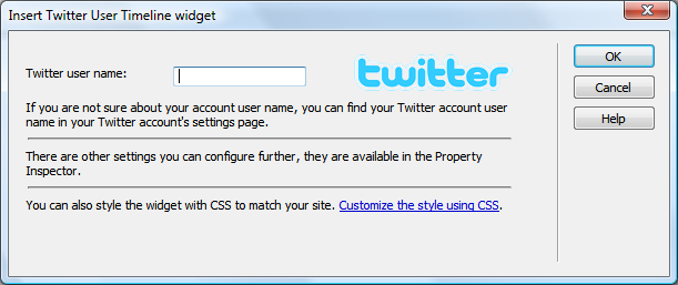 Insert Twitter user timeline extension dialog